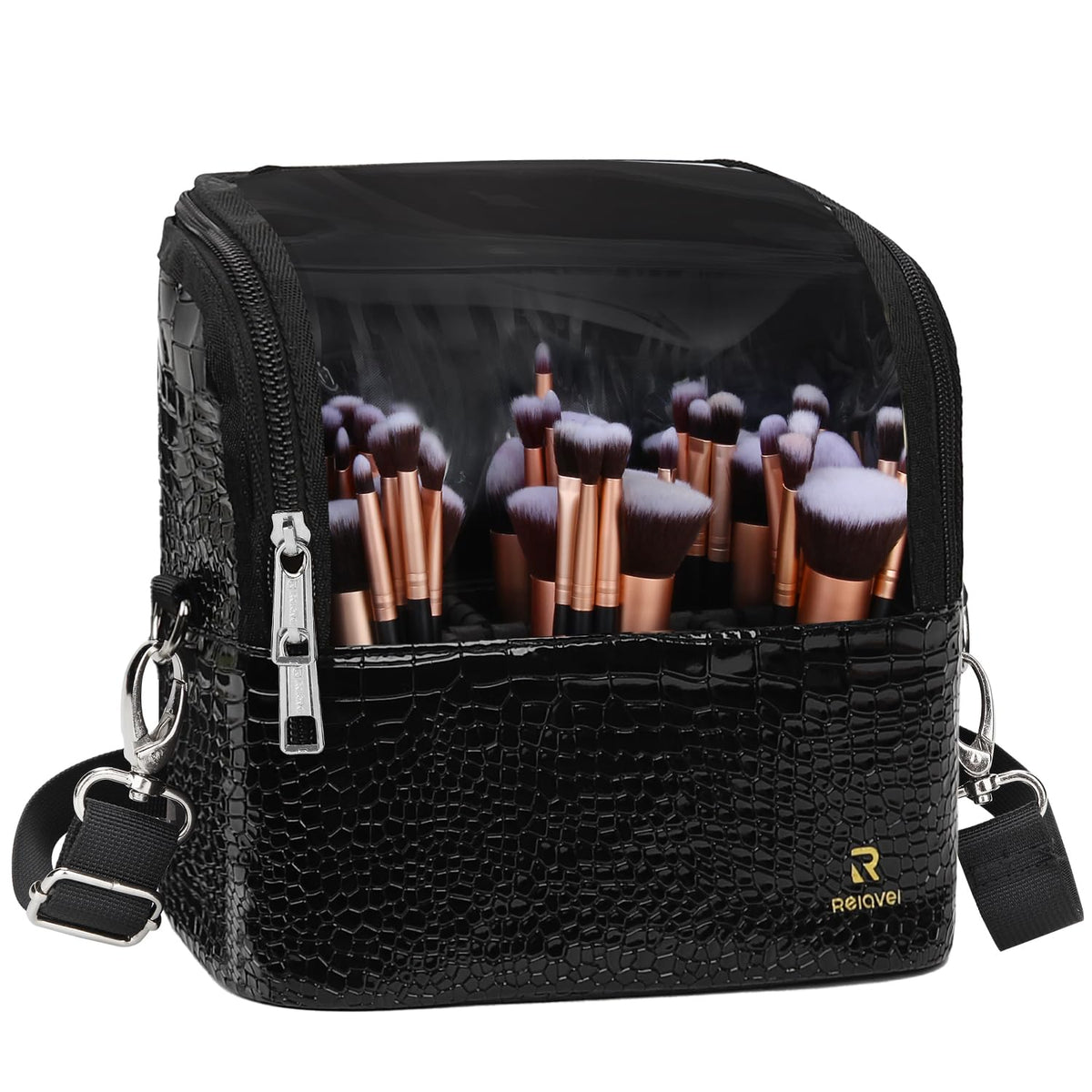 Makeup Brush Case with Shoulder Strap and Adjustable Divider (Black Crocodile pattern)
