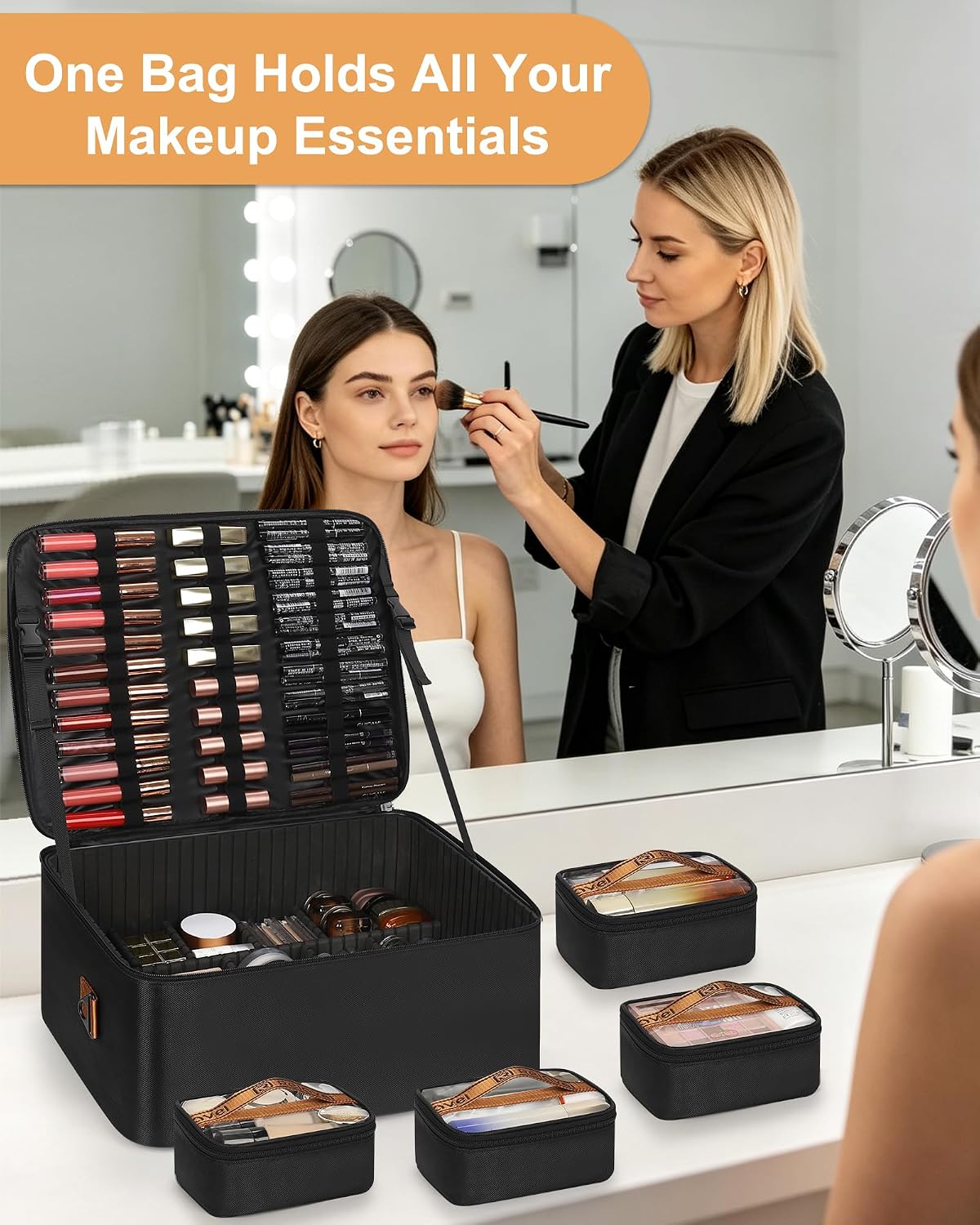 Relavel Dual Handle Extra Large Makeup Case with 4 Clear Bags
