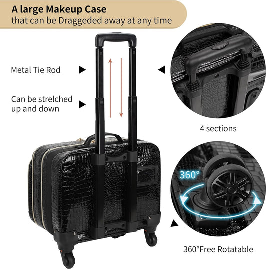 Rolling Extra Large 3 Layers Makeup Train Case with 3pcs Traveling Bags
