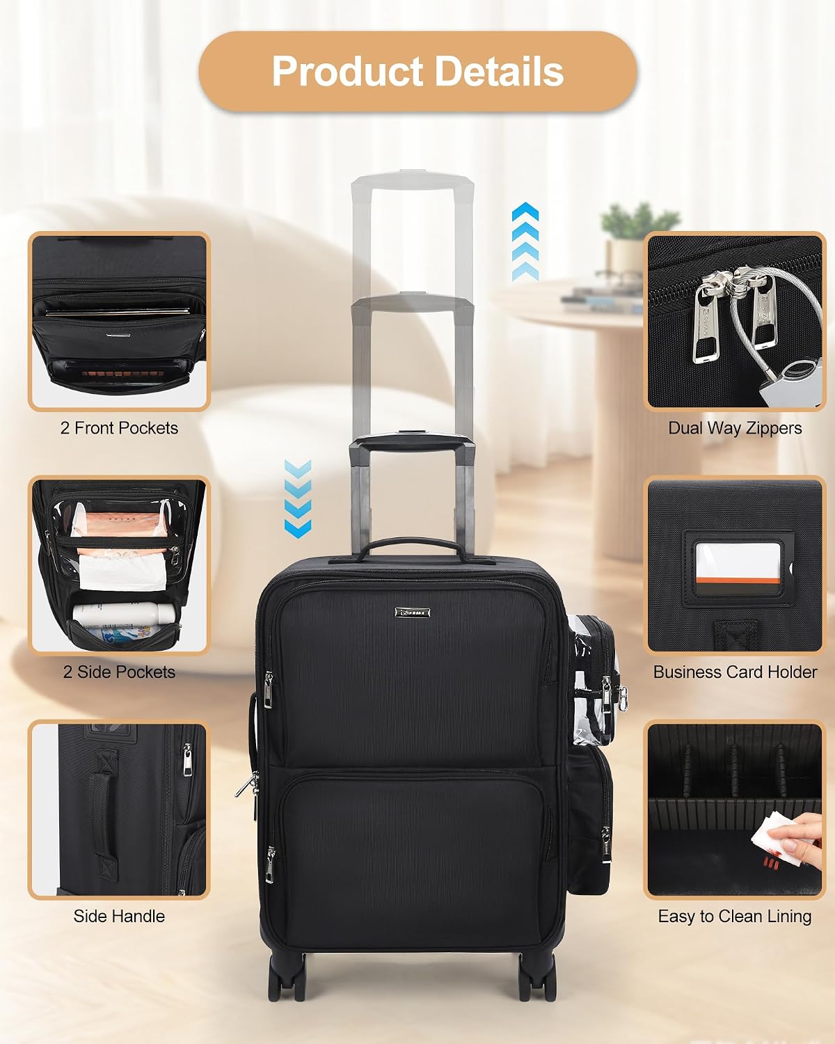 Rolling Vertical Makeup Case with 4 Clear Set Bags and 4 Removable 360° Spinner Wheels