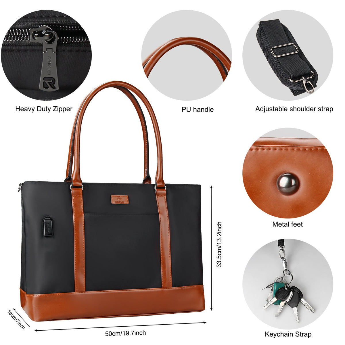 USB Laptop Tote Bag 17.1 inch Black Brown Relavelbag