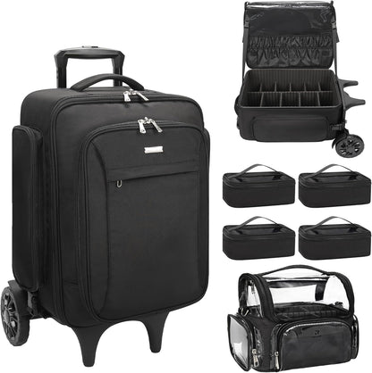 Rolling Extra Large Professional Trolley Makeup Backpack With 4 Small Bags, Detachable Trolley And Large Wheels