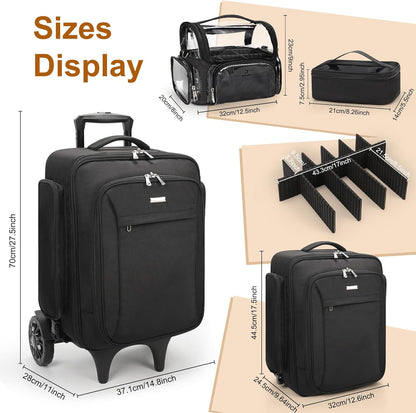 Rolling Extra Large Professional Trolley Makeup Backpack With 4 Small Bags, Detachable Trolley And Large Wheels