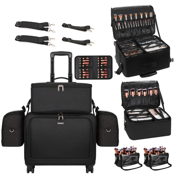 New 360° Rolling Extra Large 4 in 1 Makeup Case with 7 Small Bag and lipstick panels