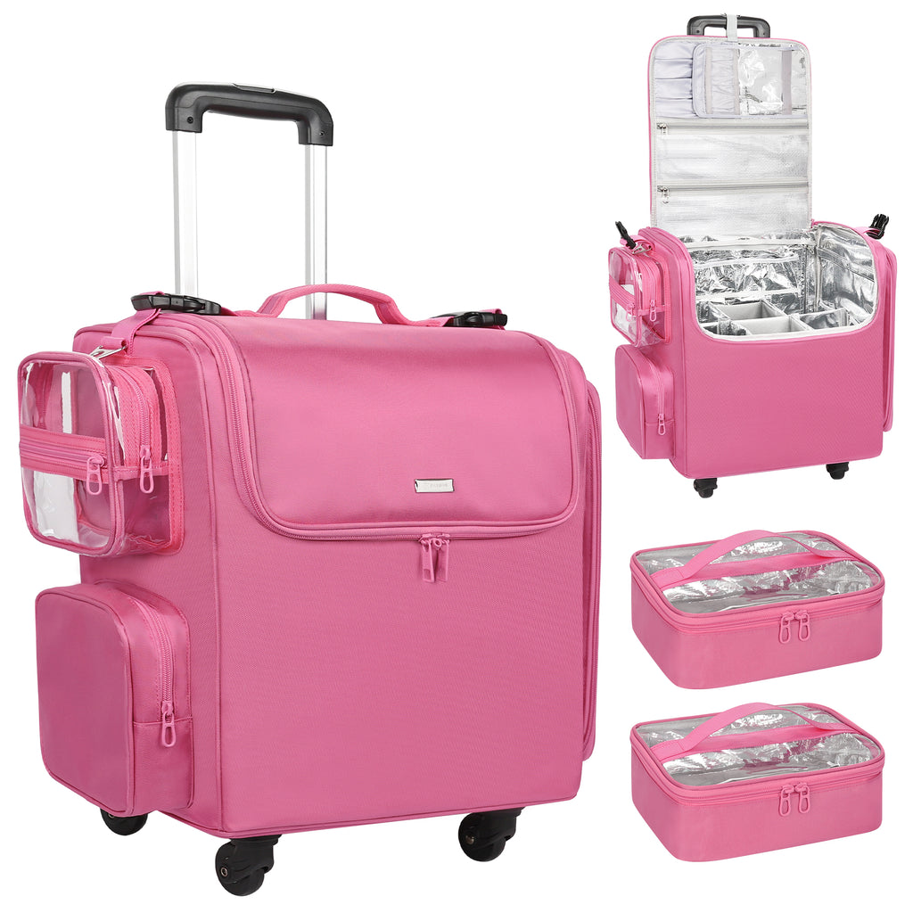 Rolling Hairstylist Makeup Train Case with 4 Wheels, Rose Pink