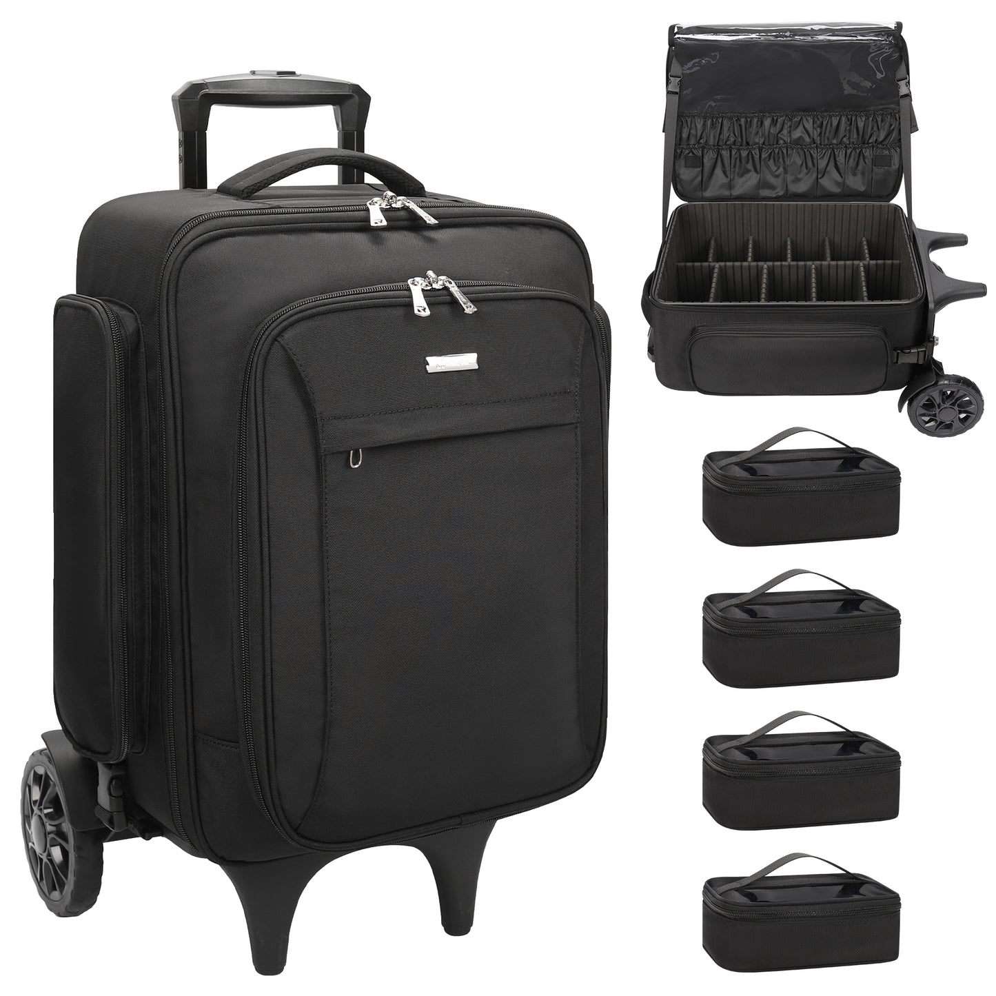 Rolling Extra Large Professional Trolley Makeup Backpack With 4 Small Bags, Detachable Trolley And Large Wheels