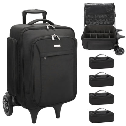 Rolling Extra Large Professional Trolley Makeup Backpack With 4 Small Bags, Detachable Trolley And Large Wheels