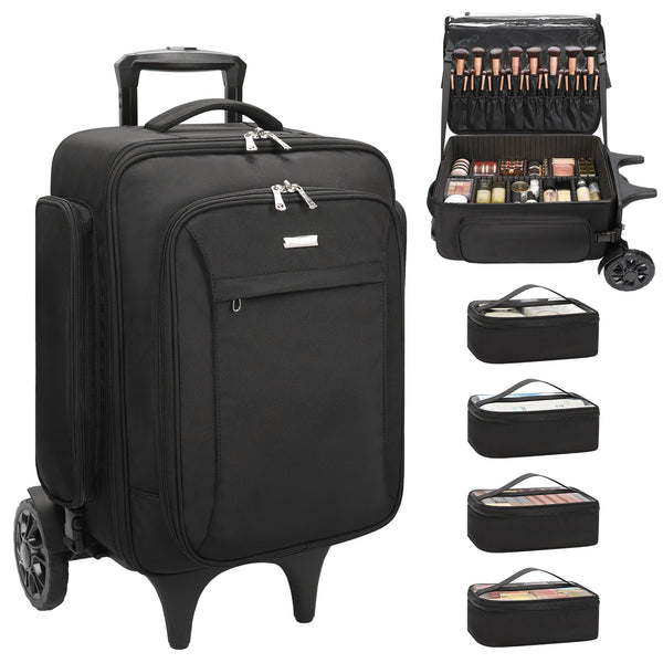Rolling Extra Large Professional Trolley Makeup Backpack With 4 Small Bags, Detachable Trolley And Large Wheels