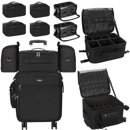 New Extra Large 4 in 1 Rolling Makeup Case With 4 Clear bags and 4 Removable 360° Spinner Wheels, Adjustable Dividers