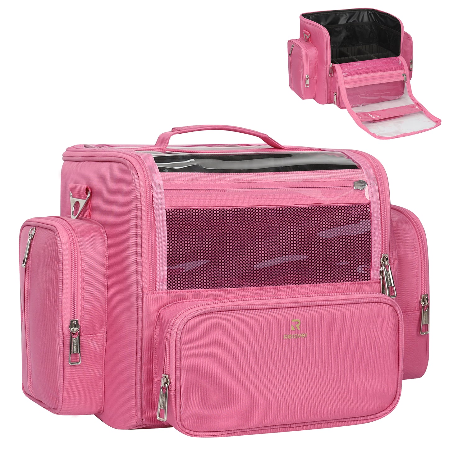 Clear Extra Large Makeup Brush Holder with Adjustable Strap and Dividers, Rose Pink