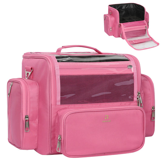 Clear Extra Large Makeup Brush Holder with Adjustable Strap and Dividers, Rose Pink