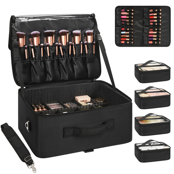 Extra Large Makeup Case with 4 Clear Bags and Lipstick Plate