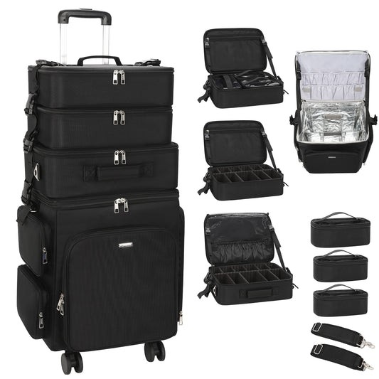 Relavel Rolling 4 in 1 Makeup Case With 4 Removable 360° Spinner Wheels, Adjustable Dividers