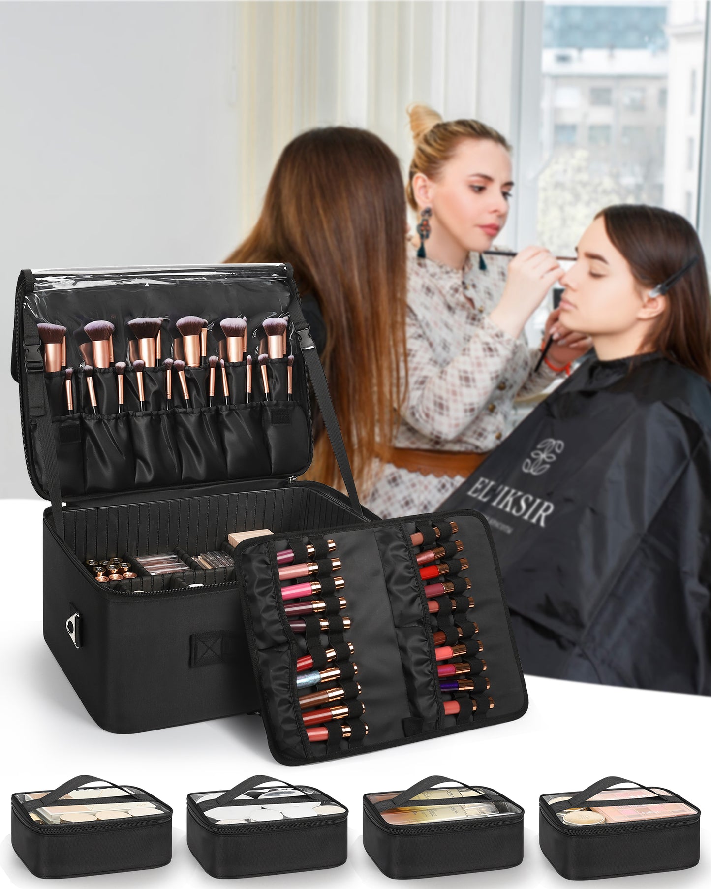 Extra Large Makeup Case with 4 Clear Bags and Lipstick Plate