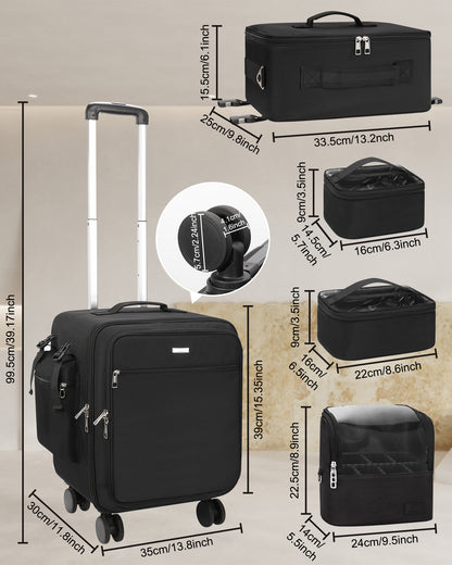 New Extra Large 4 in 1 Rolling Makeup Case With 4 Clear bags and 4 Removable 360° Spinner Wheels, Adjustable Dividers