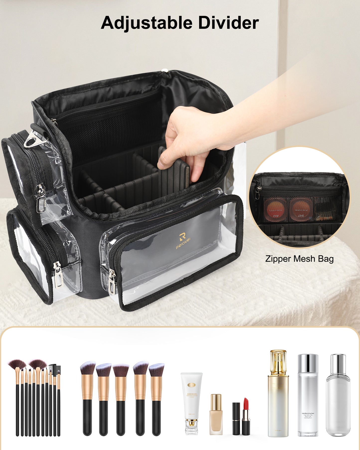 Available for sale in the United States only.Large Clear Portable Makeup Brush Bag with Adjustable Dividers & Strap