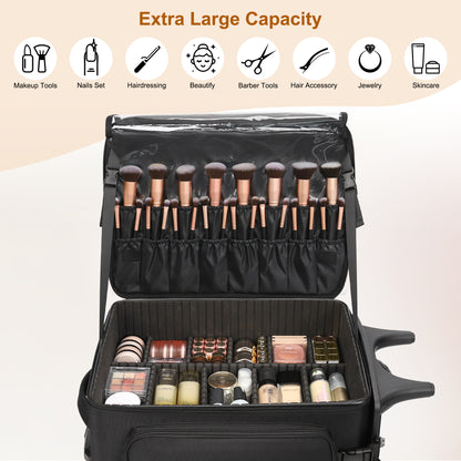 Rolling Extra Large Professional Trolley Makeup Backpack With 4 Small Bags, Detachable Trolley And Large Wheels