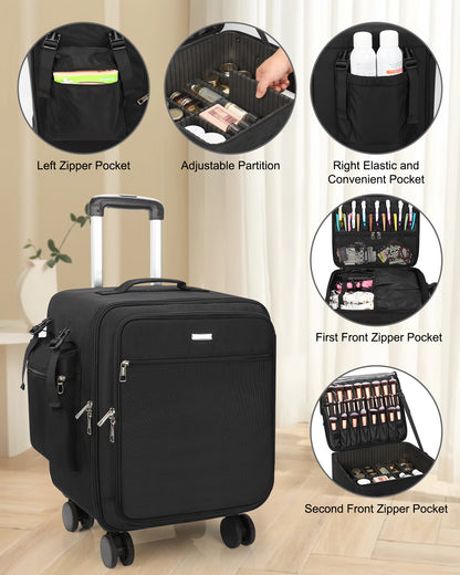 New Extra Large 4 in 1 Rolling Makeup Case With 4 Clear bags and 4 Removable 360° Spinner Wheels, Adjustable Dividers