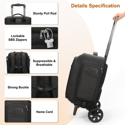 Rolling Extra Large Professional Trolley Makeup Backpack With 4 Small Bags, Detachable Trolley And Large Wheels