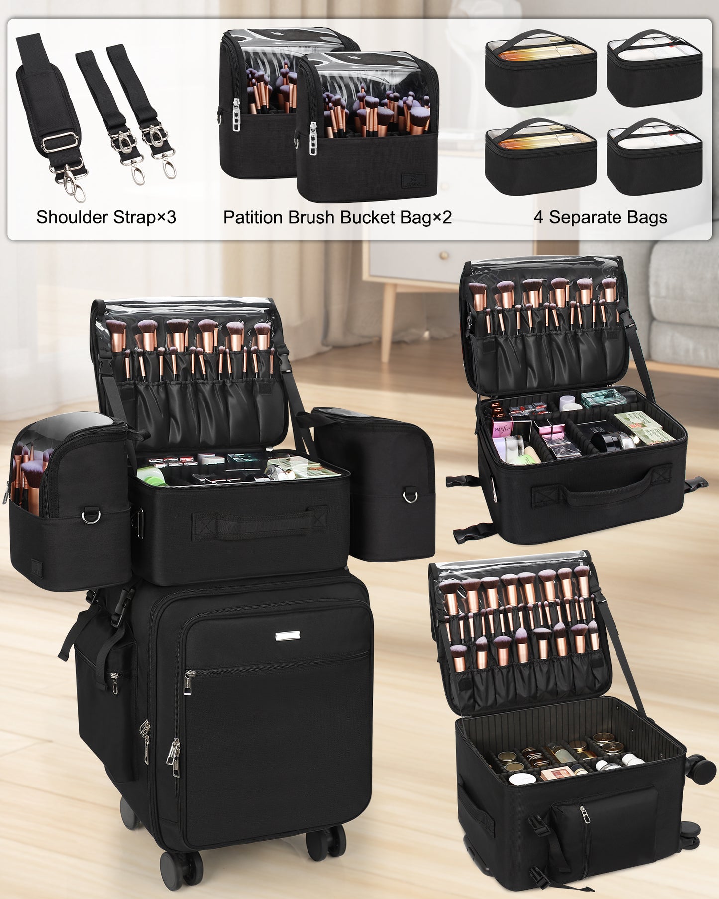 New Extra Large 4 in 1 Rolling Makeup Case With 4 Clear bags and 4 Removable 360° Spinner Wheels, Adjustable Dividers