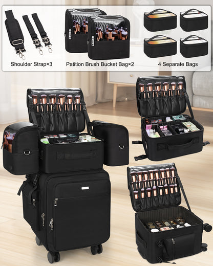 New Extra Large 4 in 1 Rolling Makeup Case With 4 Clear bags and 4 Removable 360° Spinner Wheels, Adjustable Dividers