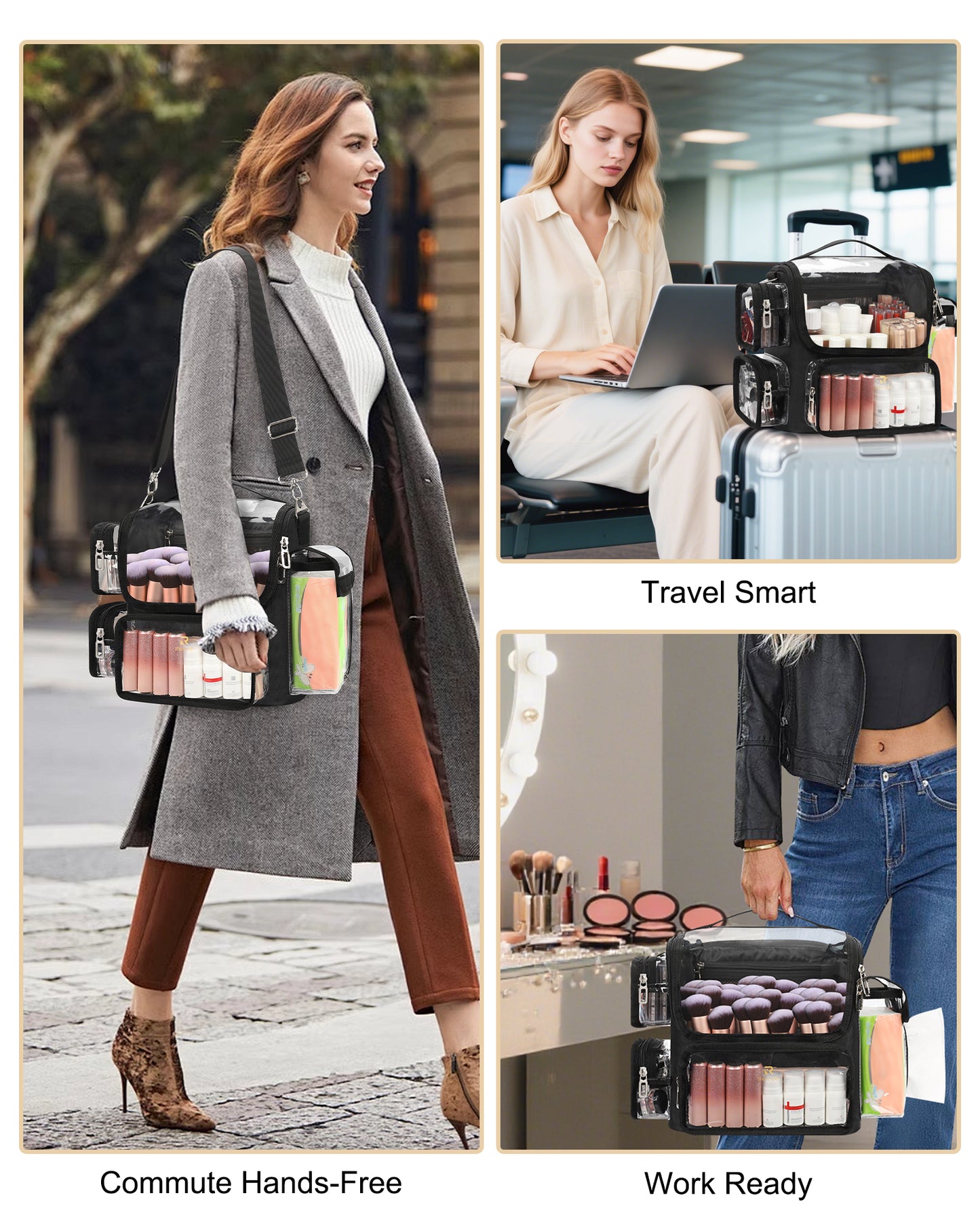 Available for sale in the United States only.Large Clear Portable Makeup Brush Bag with Adjustable Dividers & Strap