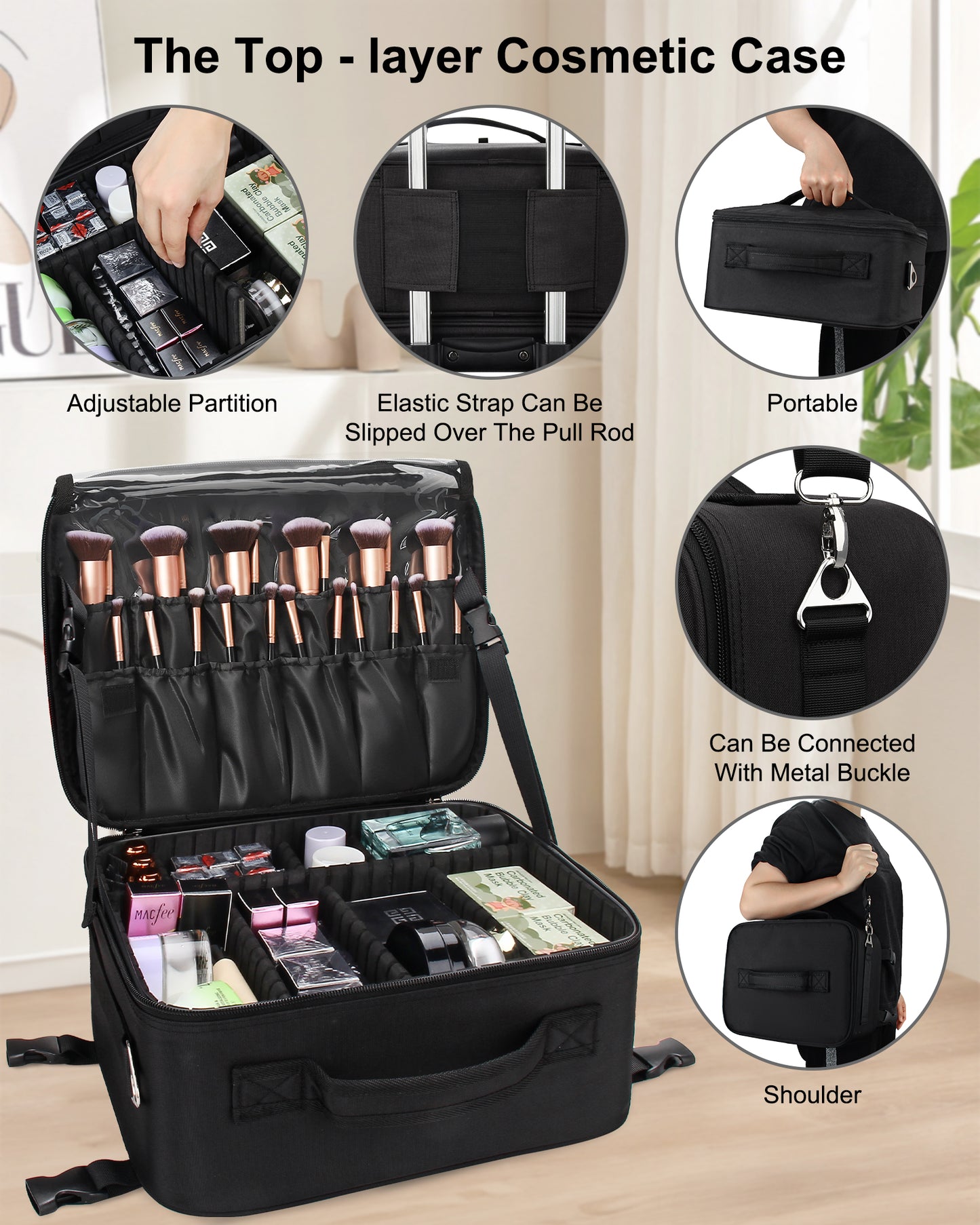 New Extra Large 4 in 1 Rolling Makeup Case With 4 Clear bags and 4 Removable 360° Spinner Wheels, Adjustable Dividers