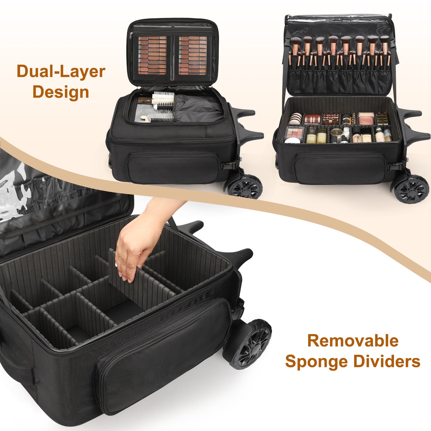 Rolling Extra Large Professional Trolley Makeup Backpack With 4 Small Bags, Detachable Trolley And Large Wheels