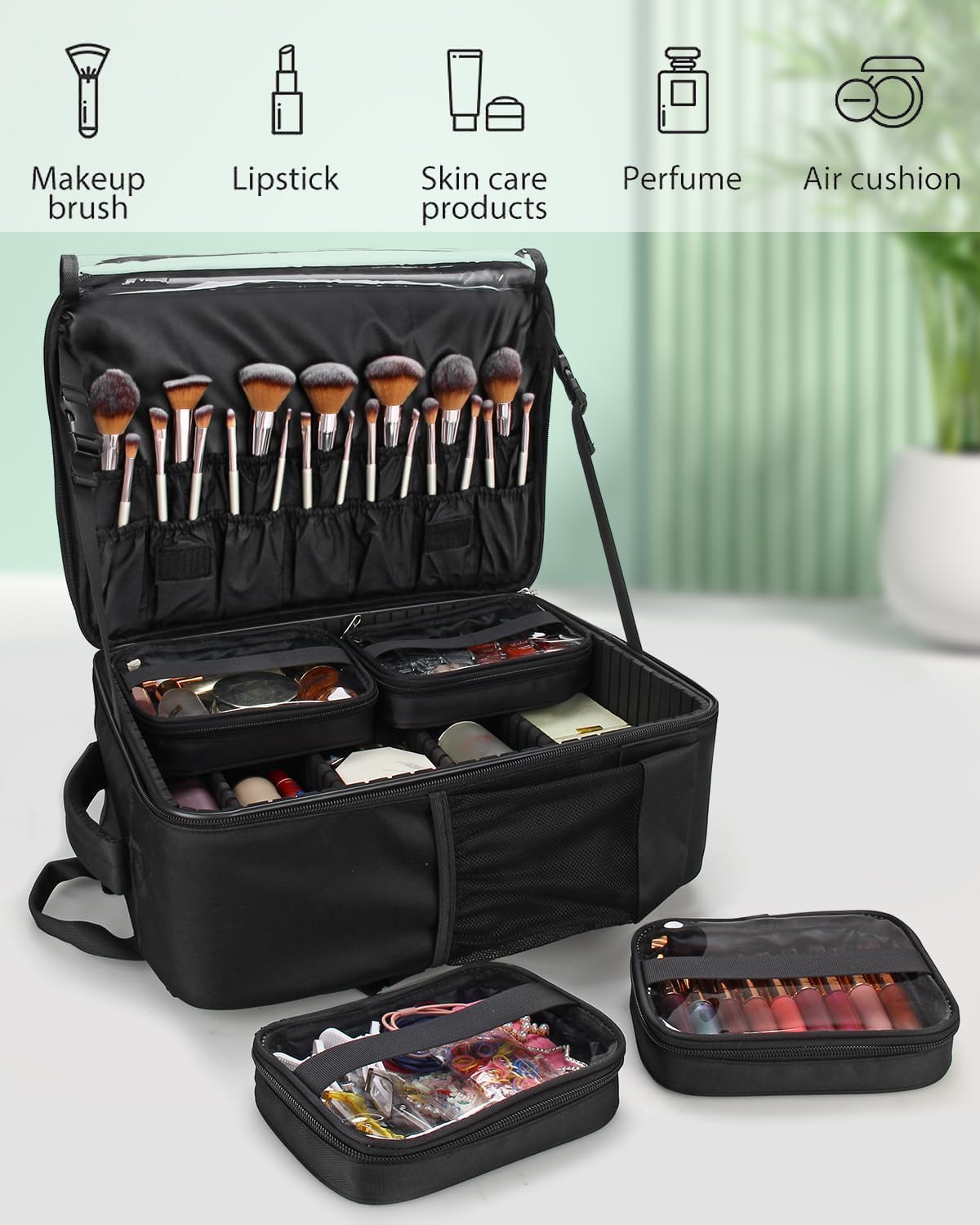 Professional Extra Large 3 Layer Makeup Backpack with 4 Small Cosmetic Bag