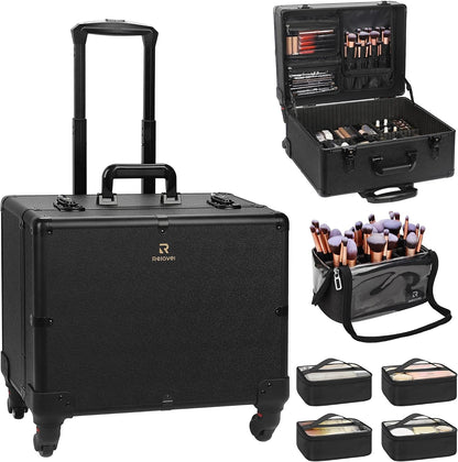 Relavel Rolling Makeup Case with 6 Clear Bags and 4 detachable 360° Spinner Wheels