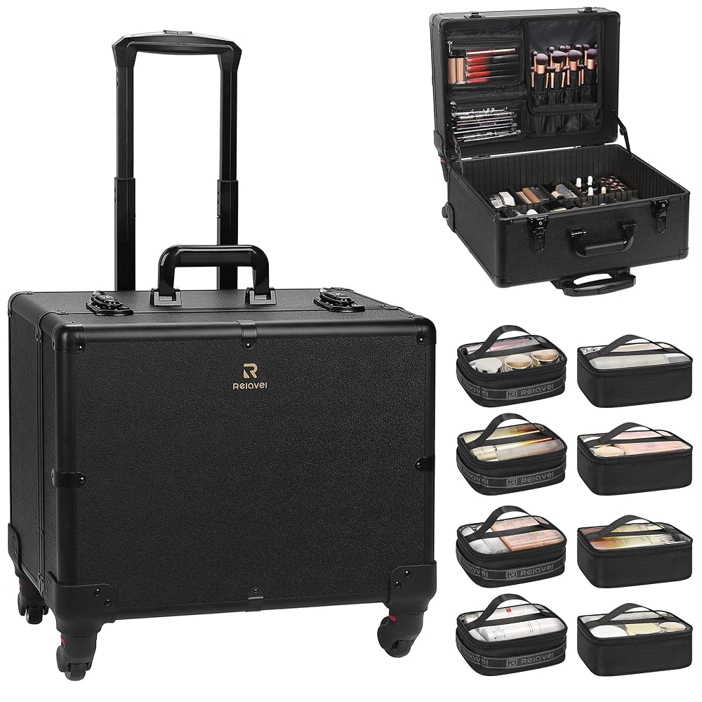 Relavel Rolling Makeup Case with 6 Clear Bags and 4 detachable 360° Spinner Wheels