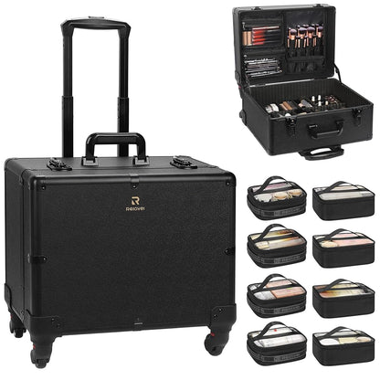 Relavel Rolling Makeup Case with 6 Clear Bags and 4 detachable 360° Spinner Wheels