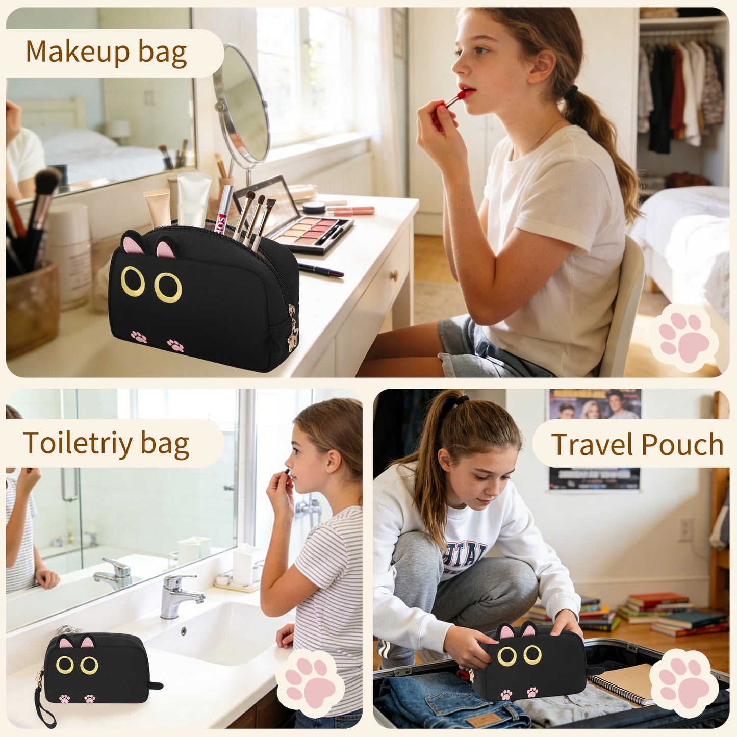 Black Small Cute Cat Makeup Bag