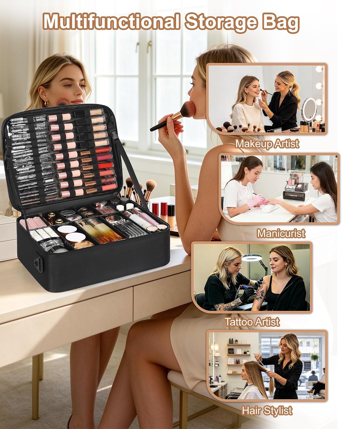 Large Travel Makeup Case with Plastic Dividers