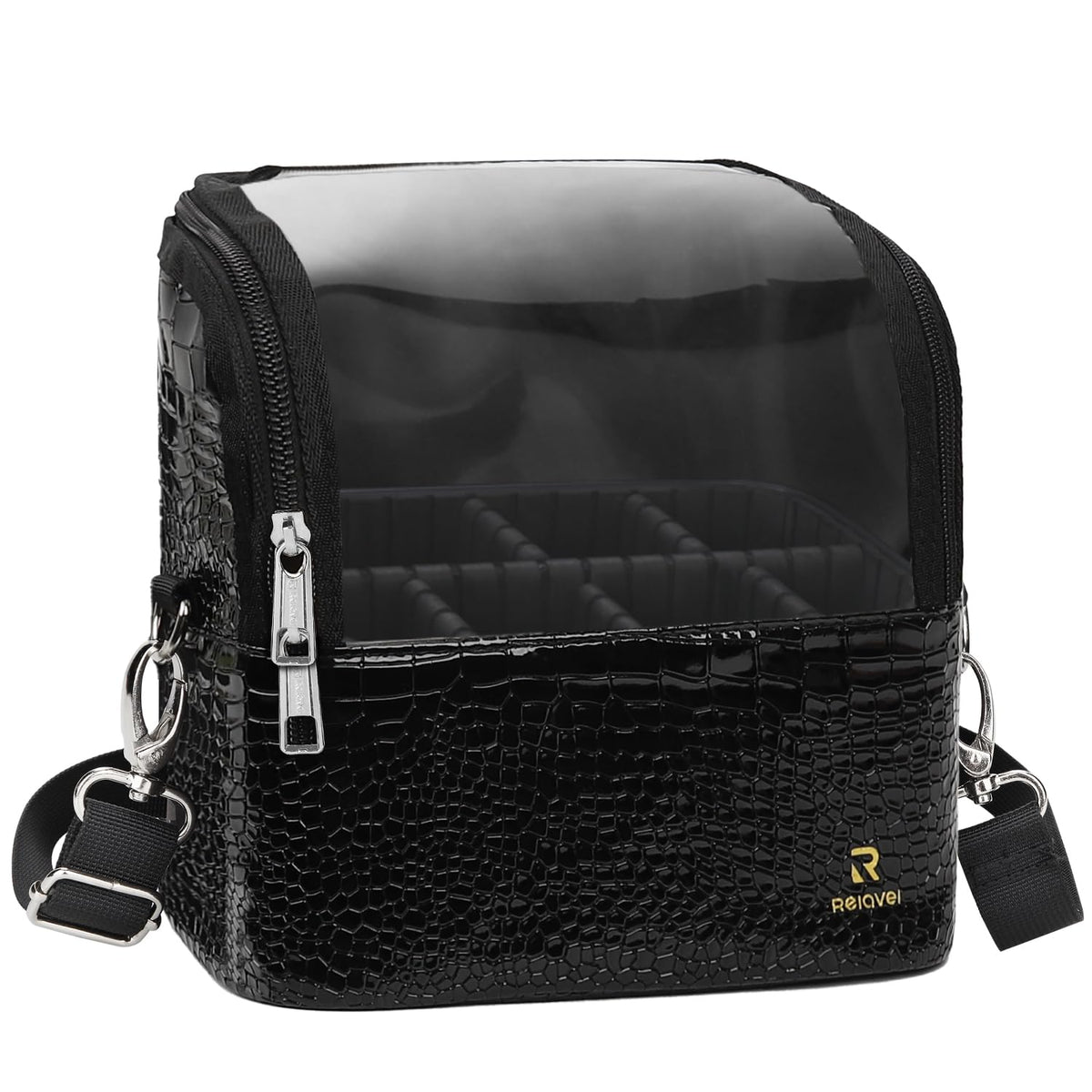Makeup Brush Case with Shoulder Strap and Adjustable Divider (Black Crocodile pattern)