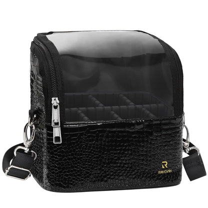 Makeup Brush Case with Shoulder Strap and Adjustable Divider (Black Crocodile pattern)