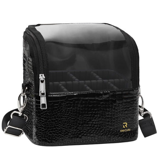 Makeup Brush Case with Shoulder Strap and Adjustable Divider (Black Crocodile pattern)