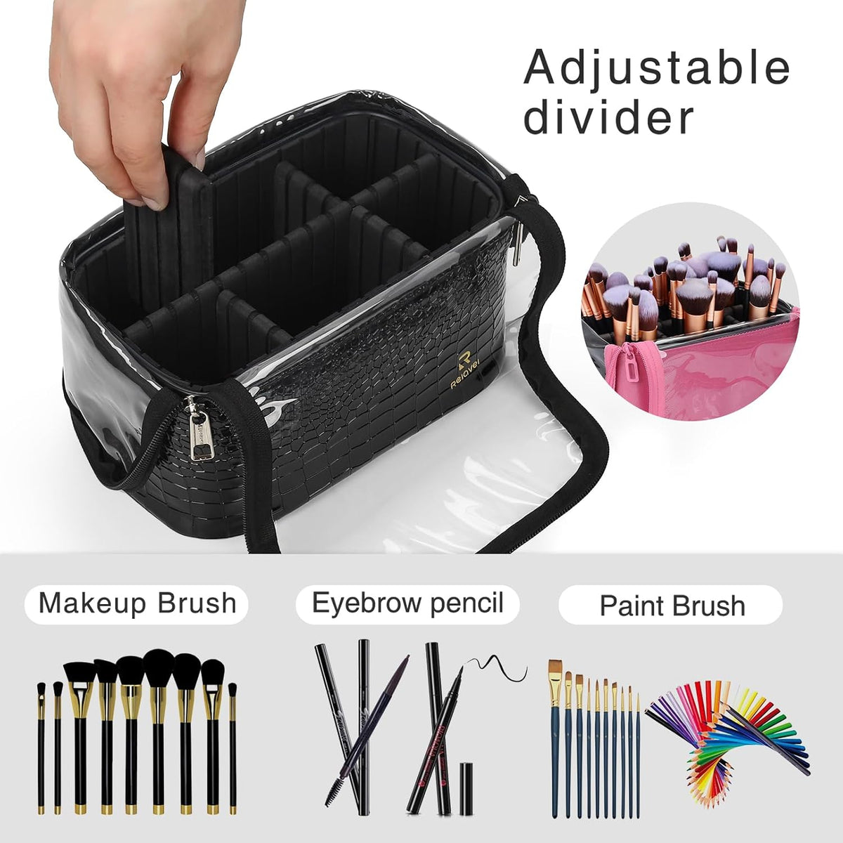 Makeup Brush Case with Shoulder Strap and Adjustable Divider (Black Crocodile pattern)