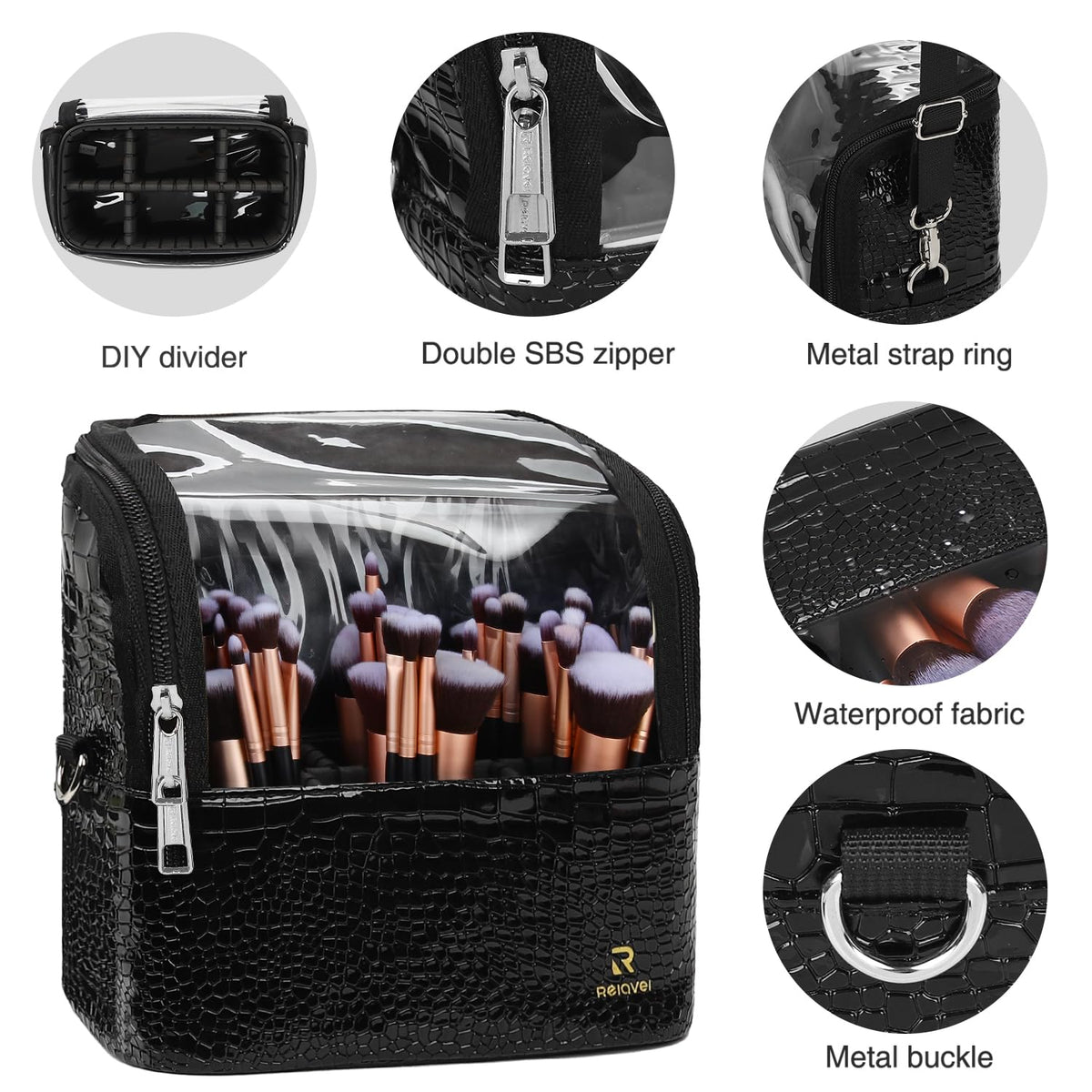 Makeup Brush Case with Shoulder Strap and Adjustable Divider (Black Crocodile pattern)