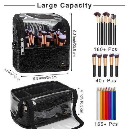 Makeup Brush Case with Shoulder Strap and Adjustable Divider (Black Crocodile pattern)