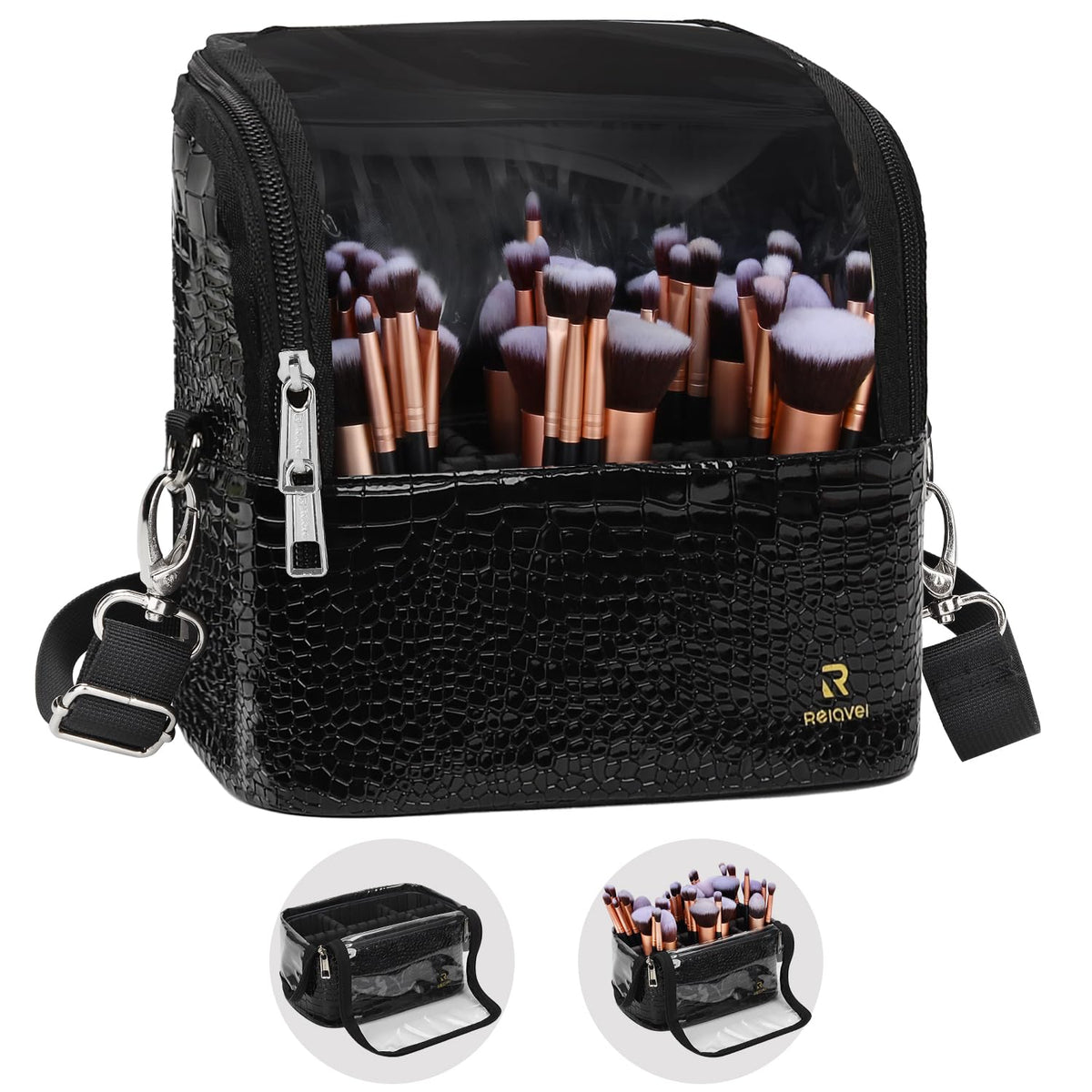 Makeup Brush Case with Shoulder Strap and Adjustable Divider (Black Crocodile pattern)