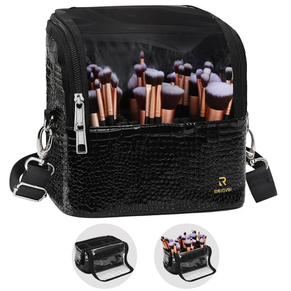 Makeup Brush Case with Shoulder Strap and Adjustable Divider (Black Crocodile pattern)