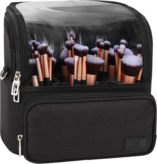 Makeup Brush Case with Shoulder Strap and Adjustable Divider (Extra Large Black)