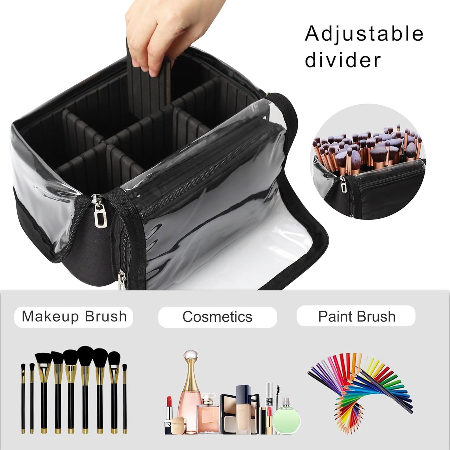 Makeup Brush Case with Shoulder Strap and Adjustable Divider (Extra Large Black)