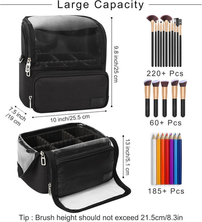 Makeup Brush Case with Shoulder Strap and Adjustable Divider (Extra Large Black)