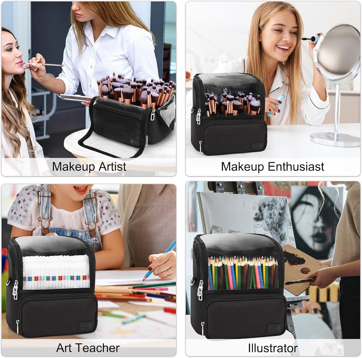 Makeup Brush Case with Shoulder Strap and Adjustable Divider (Extra Large Black)