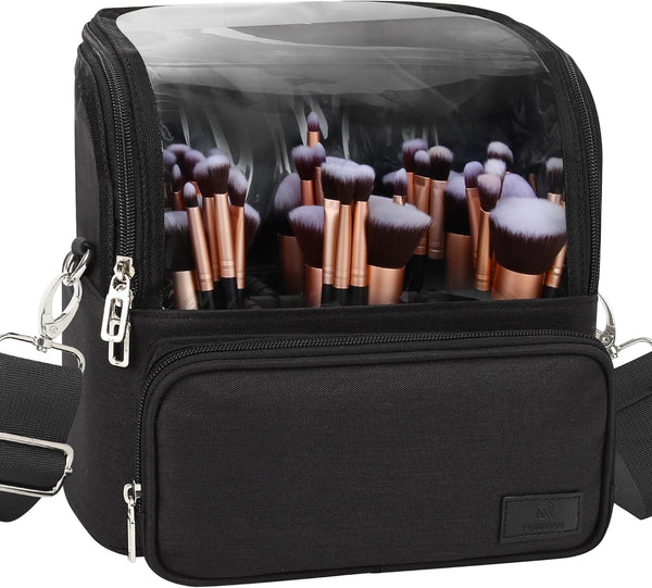 Makeup Brush Case with Shoulder Strap and Adjustable Divider (Extra Large Black)