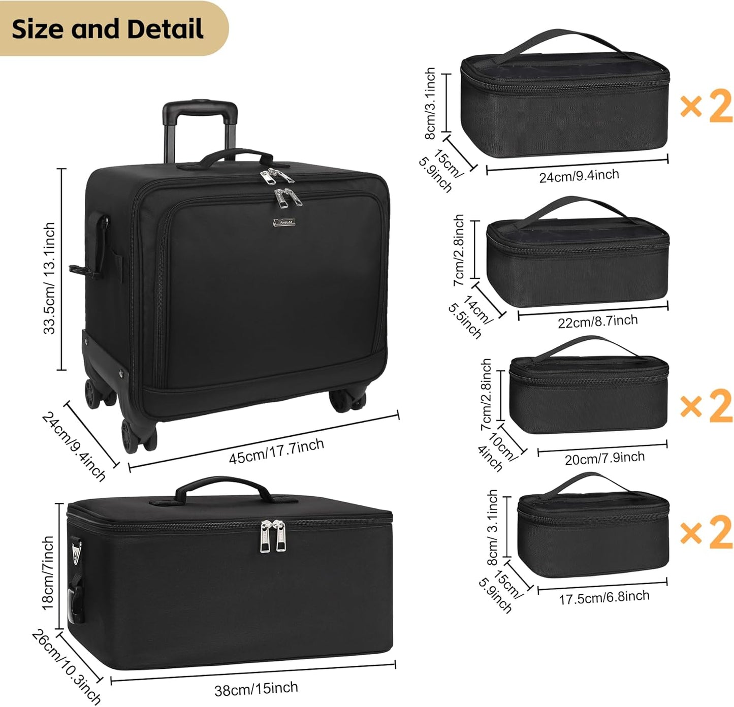 Available for sale in the United States only.New 360° Rolling Extra Large 2 in 1 Makeup Case with 7 Small Bag