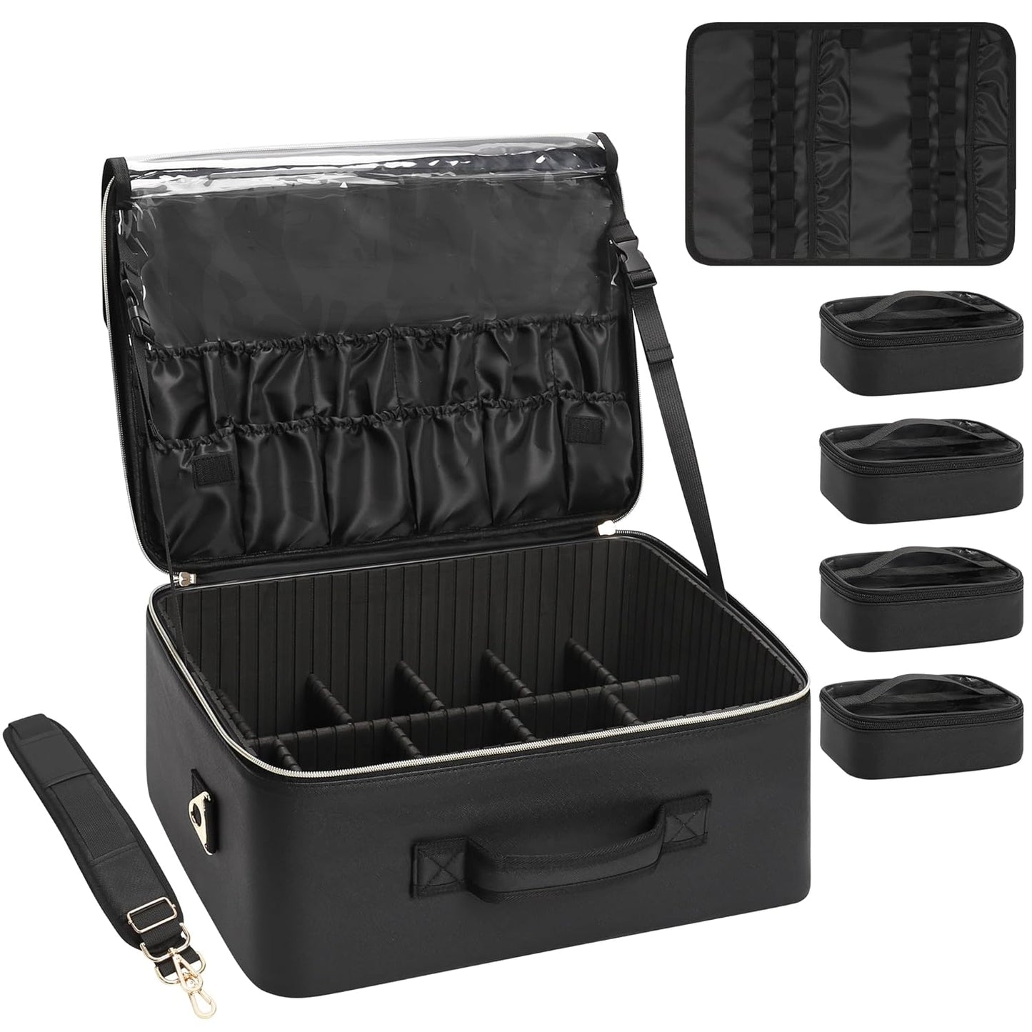 New Extra Large Makeup Case with 4 Clear Bags and Lipstick Plate