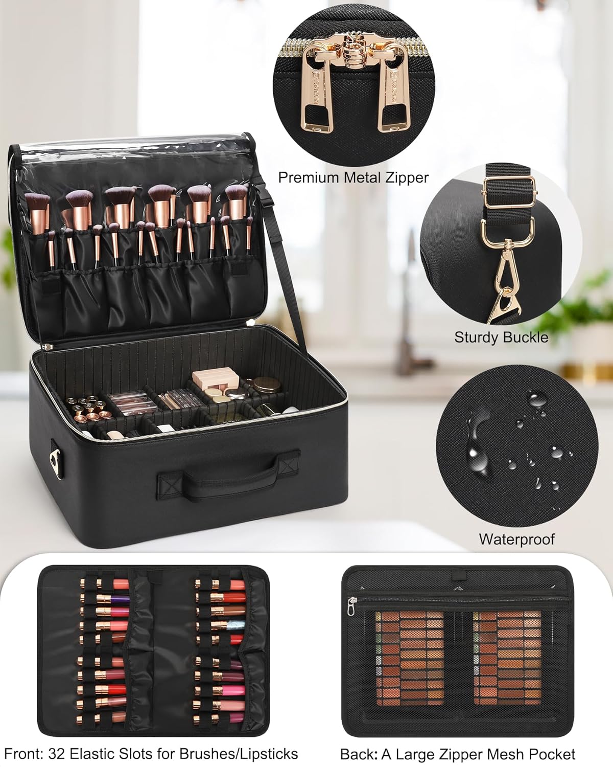 New Extra Large Makeup Case with 4 Clear Bags and Lipstick Plate